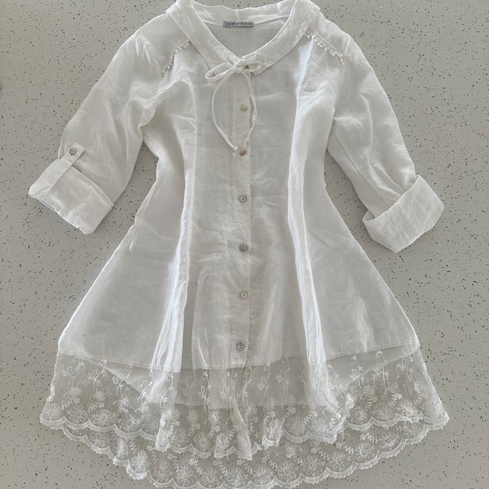 Tempo Paris White 100% Linen Lace Trim Tunic Top Boho Made in Italy S 7 - Picture 1 of 6